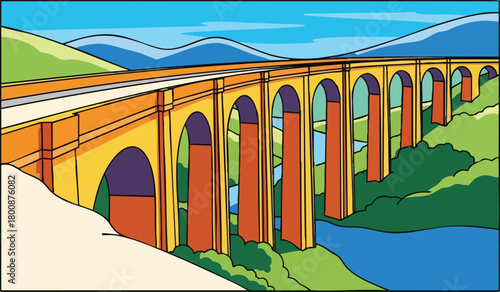 Orange Stone Viaduct Bridge Spans Green Ravine Under Blue Sky and Distant Hills