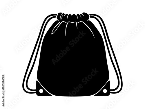 Minimal black drawstring gym bag silhouette stands out with bold contrast, perfect for modern branding, sports, travel, and promotional design projects.