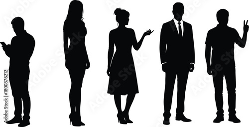 Diverse human silhouette vector set of men and women in casual, formal, expressive poses for lifestyle, fashion, and behavior design