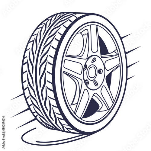 Illustration of a car tire isolated on the tire is drawn in a simple, clean style, with bold lines and minimal detail the tire is black and round