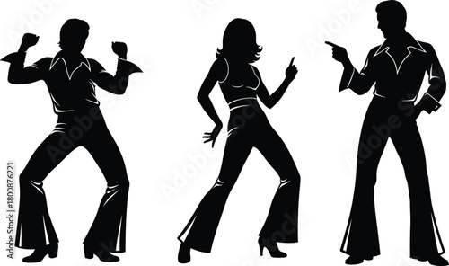 Disco Dance Silhouette Vector of Retro 70s Style Dancers in Bell Bottoms, Funky Poses, Party Movement, Vintage Illustration