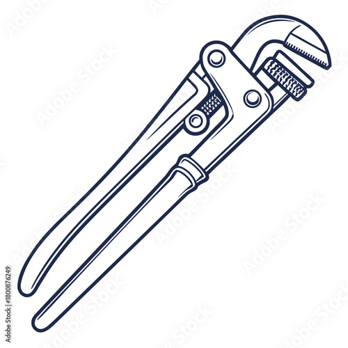 Detailed line art illustration of a pipe wrench, showcasing its adjustable jaws and handle design, isolated on for clarity and focus