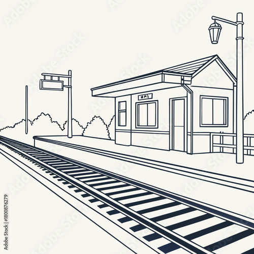 A captivating line art illustration of a quaint train station, isolated on, showcasing the platform, tracks, and surrounding scenery in a minimalist style