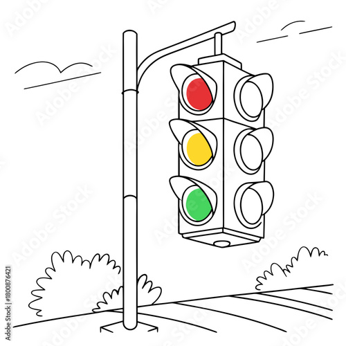 A traffic light with red, yellow, and green lights illuminated, standing on a pole with a simple background, isolated on