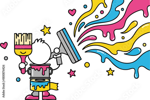 Cartoon character with paintbrush and squeegee spraying colorful paint streaks hearts and stars