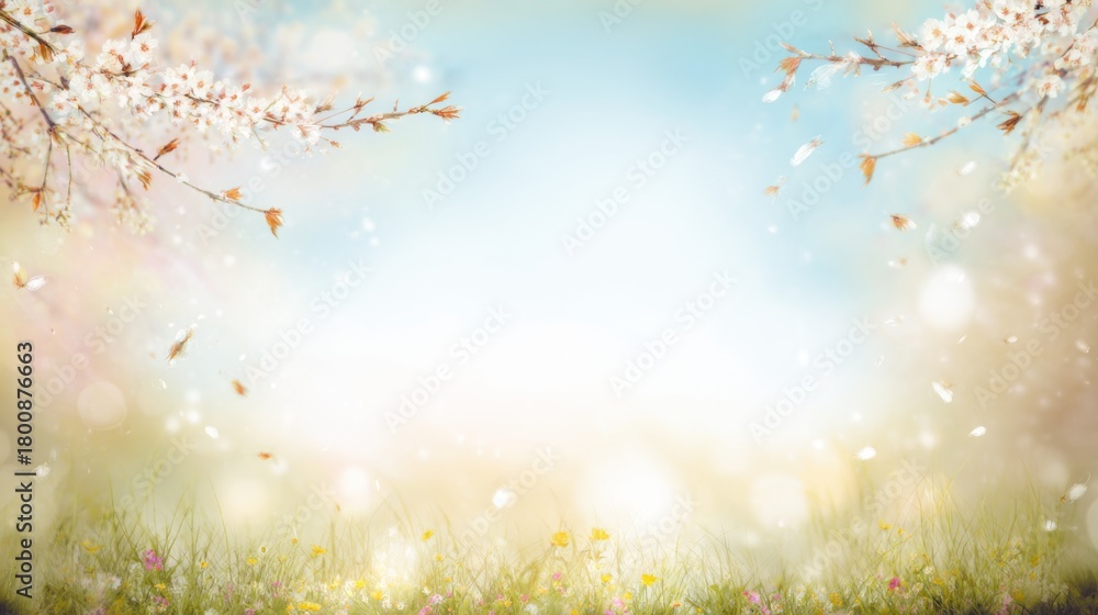 Fototapeta premium Springtime Serenity: A delicate blossom-filled tree gracefully frames a vivid sky. Sunlight bathes a lush meadow of new life, capturing the essence of rebirth.