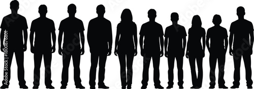 Group of people silhouettes, men and women standing in a line, casual team, frontal view, isolated vector illustration.