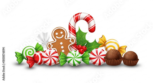 Festive christmas treats isolated on, including gingerbread man, candy cane, holly leaves, berries, and an assortment of colorful candies