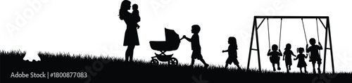 Family silhouette in park, mother holding baby, children playing on playground swings, kid pushing pram, outdoor vector illustration.