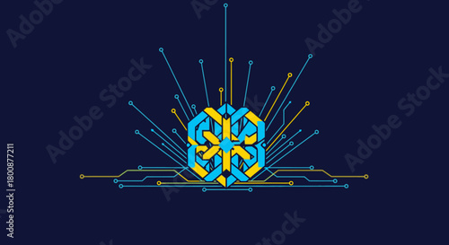 A sophisticated digital illustration displays a complex geometric core radiating luminous data streams, symbolizing cutting-edge technology, global connectivity, and innovative intelligence.