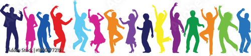 Group of colorful dancing people silhouettes, celebration party crowd, happy men and women in a row, isolated vector illustration.
