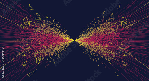 A vibrant abstract digital artwork features symmetrical bursts of colorful lines and geometric shapes expanding, representing data flow and technological advancement.