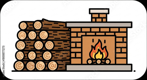 Illustration of a fireplace with burning logs and a stack of firewood isolated on, creating a cozy and warm atmosphere