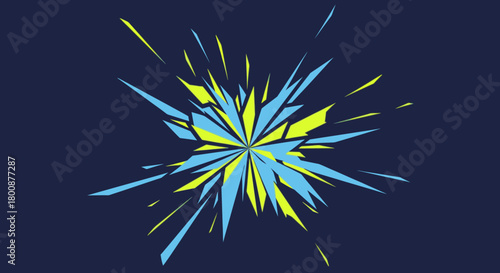 A vibrant, abstract explosion of sharp blue and yellow shards radiates dynamically from the center, creating an energetic graphic design element on a dark background.