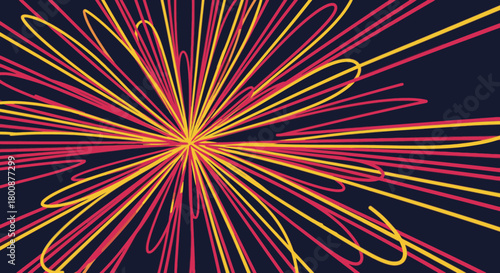 A vibrant abstract pattern features dynamic yellow and magenta lines radiating from a central point, creating an energetic starburst design.