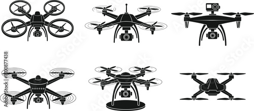 Drone silhouette vector set with camera, aerial photography quadcopters and hexacopters for surveillance, media, technology, and flying design use