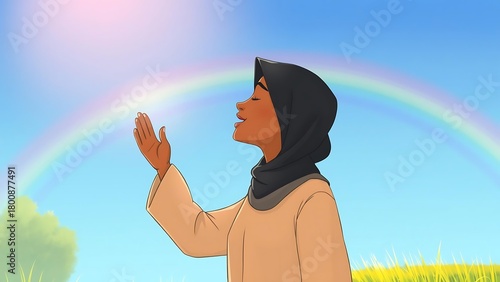 Happy Black Muslim Woman Meditating Outdoors