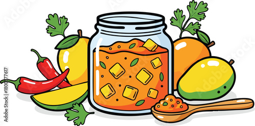 Bright pixel art of mango chili chutney in a jar with mangoes and chilies