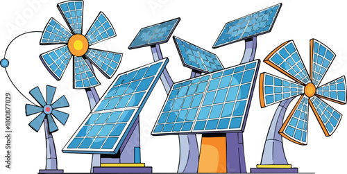 Array of Solar Panels and Wind Turbines Generating Renewable Energy in a Clean Environment