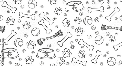 Seamless Dog Pet Pattern Vector – Black and White Paw Bone Bowl Outline