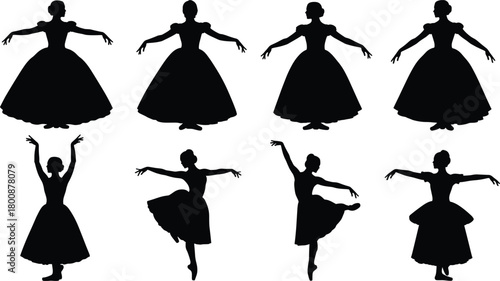 Elegant Ballerina Silhouettes in Classic Dance Poses with Flowing Skirts and Graceful Movements for Ballet Vector Art and Design