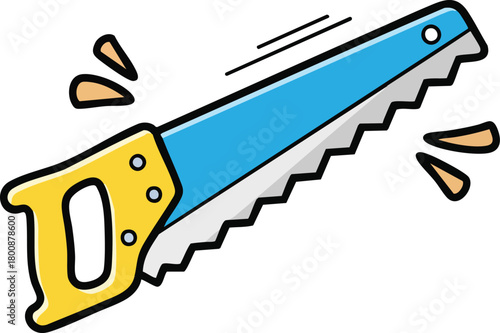 Cartoon Hand Saw Tool With Blue Handle and Yellow Grip For Cutting Wood In A Workshop