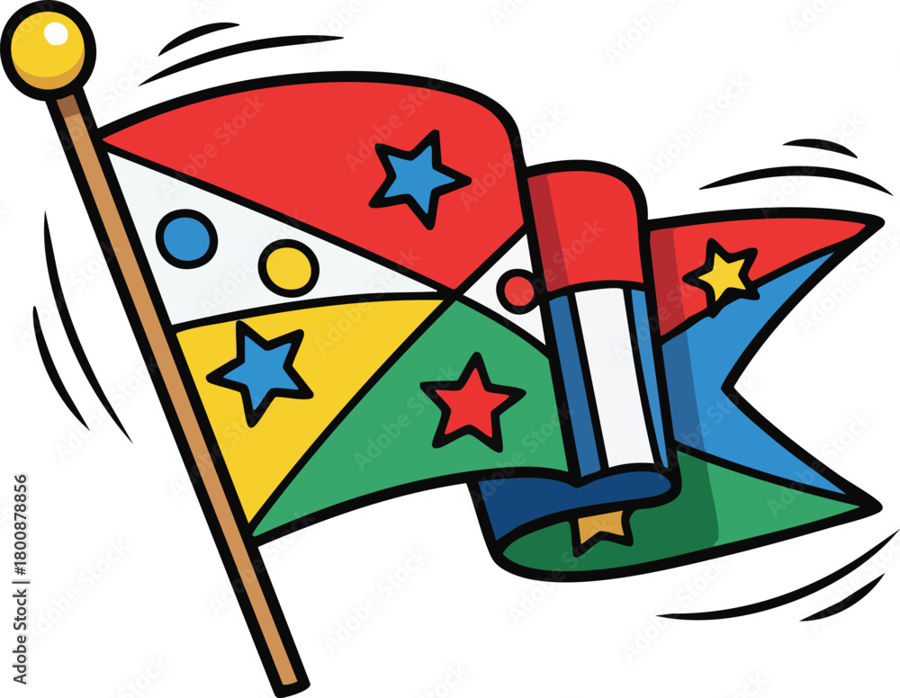 Fototapeta premium Colorful Waving Flag With Stars And Circles On A Pole And White Background