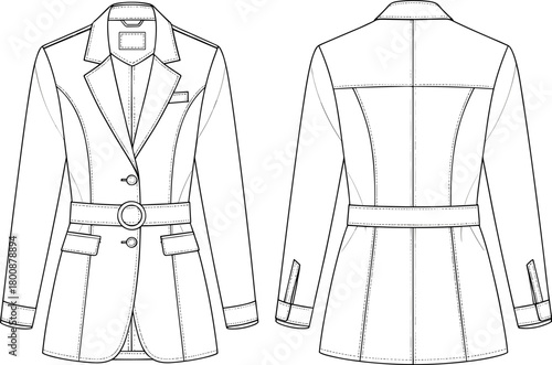 Elegant tailored women’s blazer technical flat with belt, structured seams, lapel collar, button details, professional apparel design illustration for fashion templates