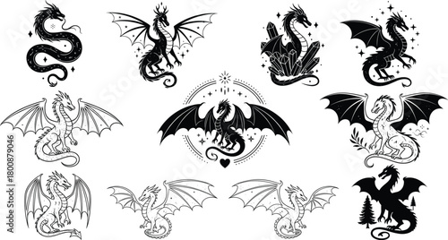 Fantasy dragon silhouette vector set with wings, crystals, stars, trees, and mythical poses for magical, decorative, and creature-themed design