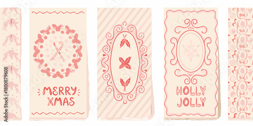 Charming pink christmas card designs featuring wreaths candy canes holly and snowflakes