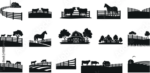 Farm landscape silhouette vector set with barns, cows, horses, fences, and trees for rural nature illustration and countryside design elements