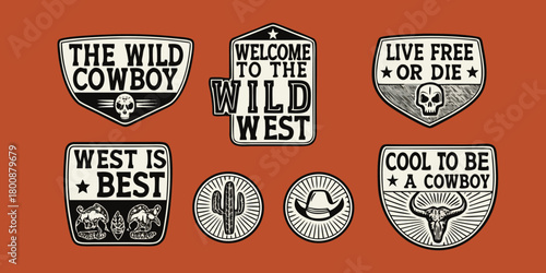 Collection of vintage wild west cowboy badges and emblems with skulls and cacti
