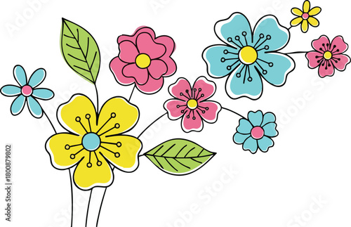 Hand Drawn Colorful Flowers Arrangement Floral Design Element On White Background With Soft Petals And Green Leaves