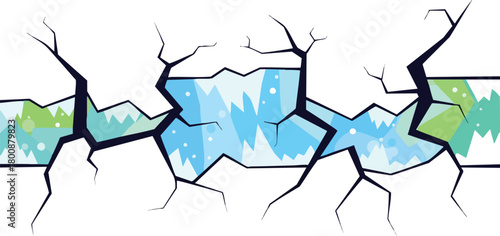 Cracked Surface Revealing Abstract Blue Ice and Green Landscape