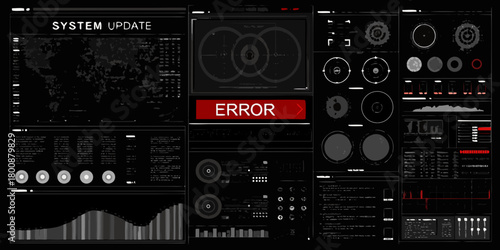 Futuristic digital interface displaying system update with an error message and complex data visualizations