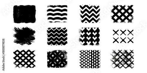 Collection of twelve black and white abstract brush stroke patterns and textures on a white background