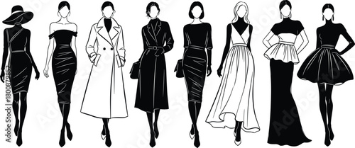 Fashion silhouette vector set of stylish women in elegant outfits, showcasing modern dress styles, poses, accessories, and garment variety