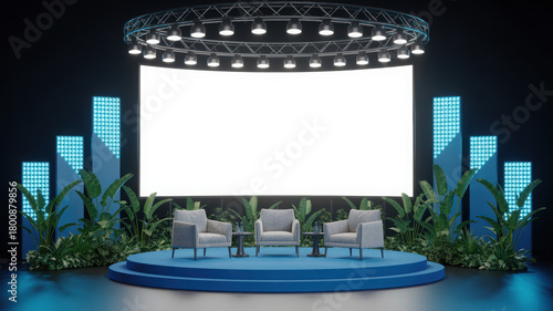Modern stage with blank screen armchairs and plants perfect for presentations conferences or virtual events
