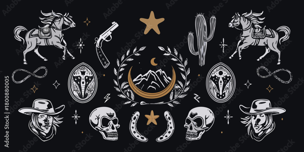 Naklejka premium Wild west western iconography collection with horses skulls cacti and cowboy hats on black background