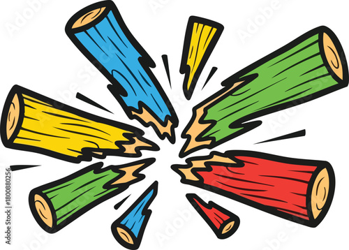 Explosion of colorful wooden logs breaking apart in a dynamic burst of energy