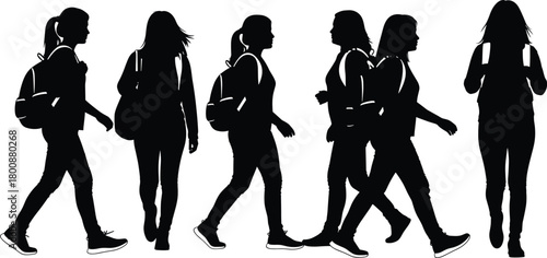 Female backpack silhouette vector set showing walking and standing postures, student travel lifestyle, casual outfit motion design for signage use