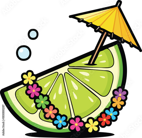 Cartoon Slice of Lime Decorated With Colorful Flower Lei Yellow Umbrella and Bubbles