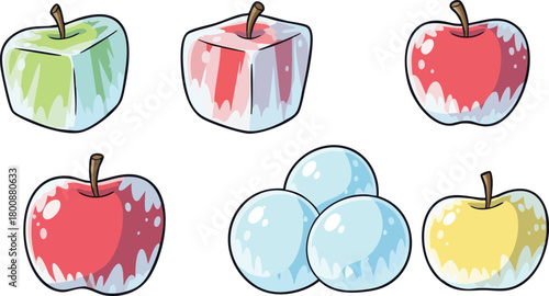 Pixel Art Apples and Snowballs Ice Cubes With Frosty Texture