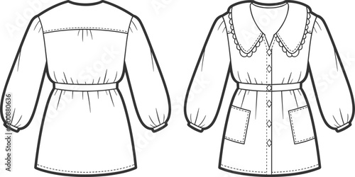 Elegant women blouse fashion flat sketch, front and back technical drawing, scalloped collar design, long sleeve shirt with pockets, vector template illustration