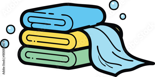 Stack Of Folded Towels Blue Yellow And Green With Bubbles On White Background