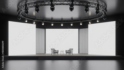 Empty stage with blank screens and armchairs modern event venue for presentations and conferences 3D rendering