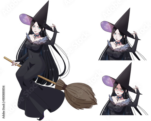 箒に乗って飛んでいる黒髪魔女の表情セット