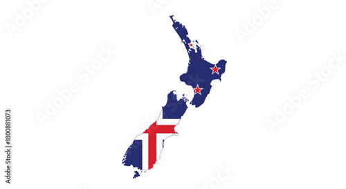 Map of New Zealand showing a dual flag design, with the South Island as the Icelandic flag and the North Island as the New Zealand flag.
