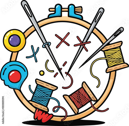 Embroidery hoop with needles threads and spools of thread in colorful hues symbolizing needlecraft and sewing hobby