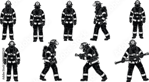 Firefighter silhouette vector illustrations – emergency firefighter poses in protective gear for safety, emergency response, firefighting, fireman, and public service design themes